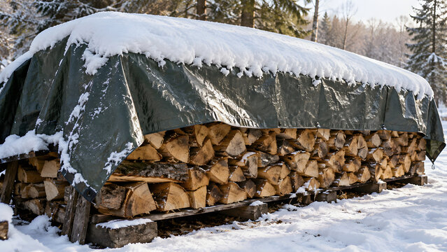 Stacked firewood covered with snow tarp in winter forest for heating and energy