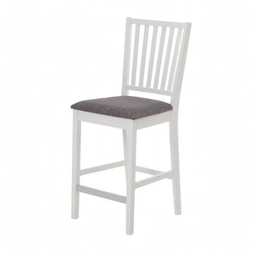 Wooden bar stool with grey upholstered seat