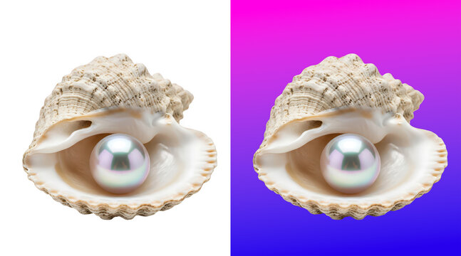A single shiny pearl inside an open seashell, isolated on a white background, 3D render