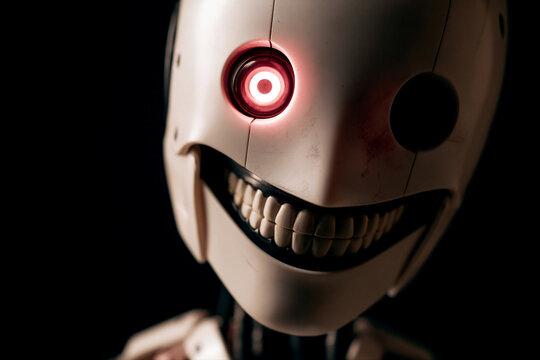 Smiling creepy robot with glowing red eye on black background. AI threat, frightening technological progress concept. Digital illustration for banner with copy space