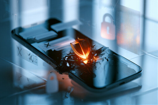 Conceptual cyber safety still life: floating smartphone with amber shield and glass lock, blurred hostile comments crossed out on cyan tech background, online wellbeing campaign hero.