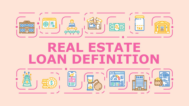 Real estate loan definition banner infographic. Refinancing amortize, escrow borrower, equity appraisal icon vector illustration