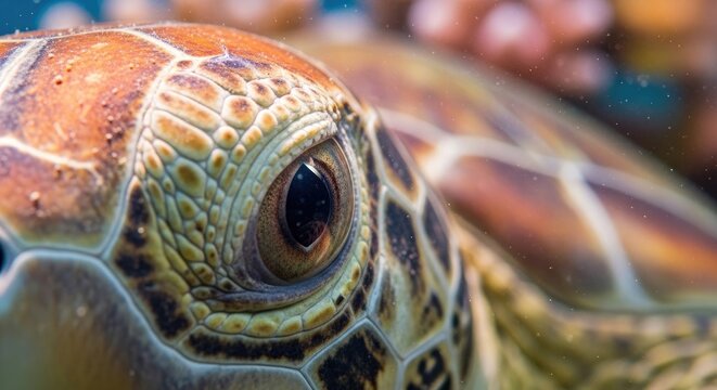 Close-up of a Sea Turtle Eye Showing Detailed Texture and Color.