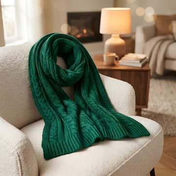 Cozy green knit blanket draped over a comfortable armchair in a warmly lit living room
