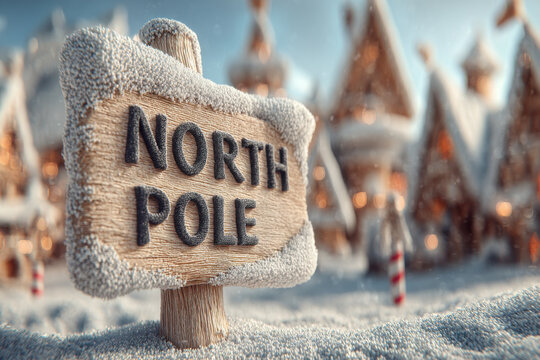 Sign reading "North Pole" in foreground. Snowy winter wonderland village in the background.