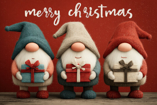 Cute Christmas gnomes holding presents. Christmas-themed design featuring cute gnomes (Tomte or Nisse) holding wrapped gifts.