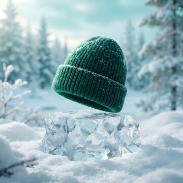 A vibrant green knit winter hat floats above a frosted landscape in a snowy forest scene