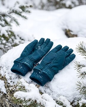 Dark teal winter gloves lying on a bed of fresh fluffy snow surrounded by evergreen branches