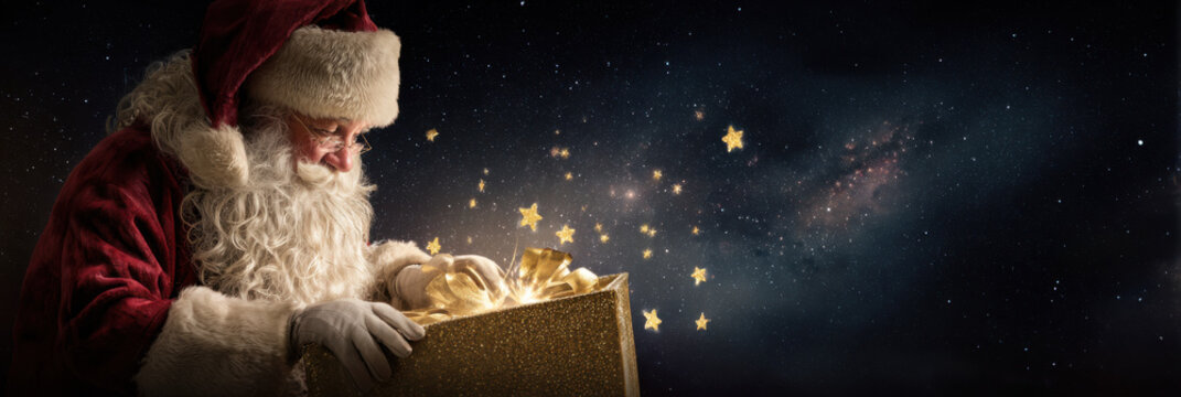 Santa holding magical Christmas gift with sparkling stardust