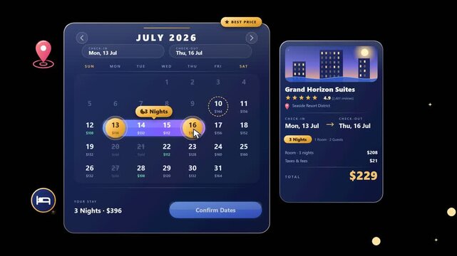 Hotel Room Booking Animation with Interactive Calendar and Date Picker on Transparent Background