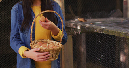 Smiling asian girl with basket of eggs standing by hen house in garden © WavebreakMediaMicro
