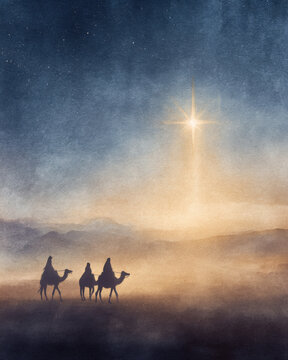 Watercolor illustration of biblical Magi (Three Wise Men) riding camels across a desert under a starry night, guided by the glowing Star of Bethlehem.