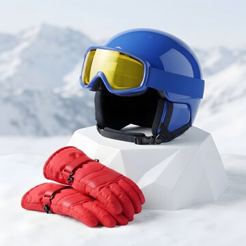 Blue ski helmet with yellow goggles and red mittens on a snowy surface outdoors