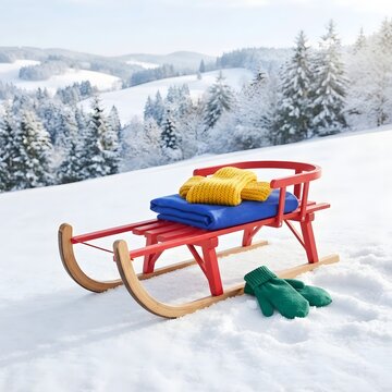 Red wooden sled with a plush toy and winter boots resting on a snowy hillside landscape