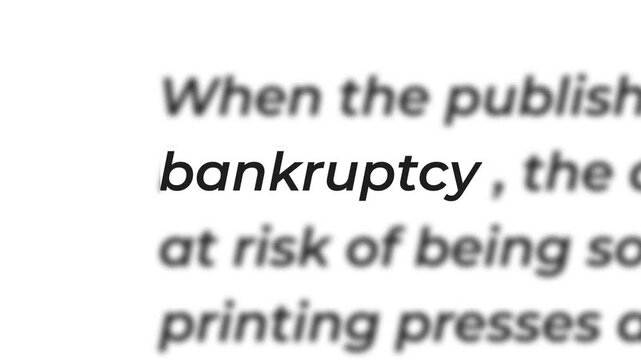 Bankruptcy match cut text animation with fast zoom, motion blur, and financial articles.