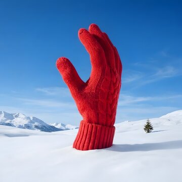 Large red winter mitten stands in fresh snow against a vibrant blue sky and mountain backdrop