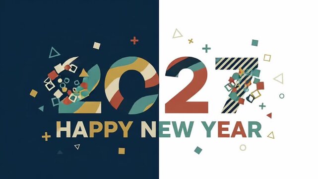 2027 happy new year greeting card with geometric pattern, motion graphic background loop
