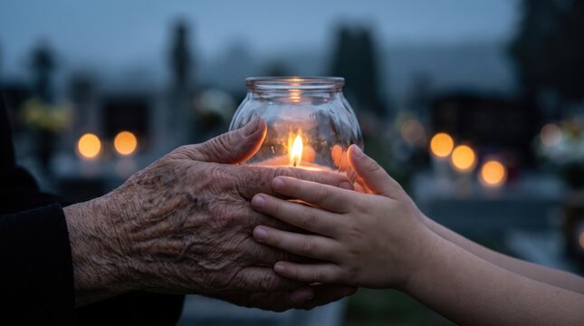 Elderly and child hands holding together a glass jar with a lit candle at a cemetery with blurred lights. All Saints' Day, generations and memory concept