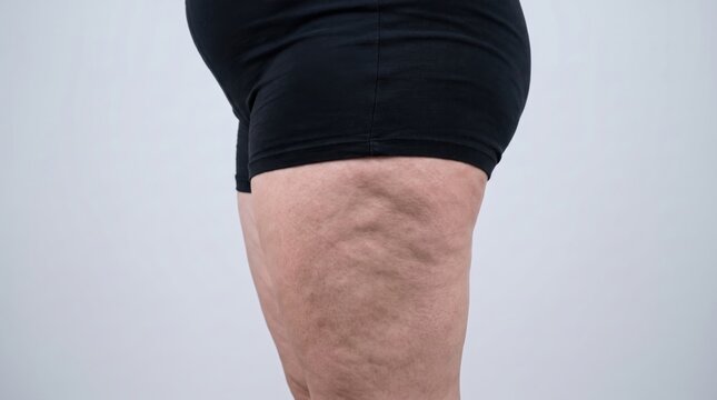 Close-up of a female thigh with visible cellulite and bumpy skin texture in black shorts on a light background. Represents skin problems, body positivity, weight loss and cosmetic treatment concept