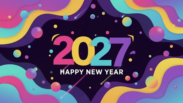 2027 happy new year celebration with colorful wave and sphere, motion graphic background loop
