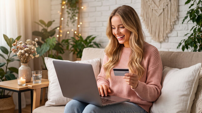 Happy beautiful young woman using laptop and credit card for online shopping at home, sitting on sofa in cozy living room, concept of e-commerce, digital payment, and lifestyle