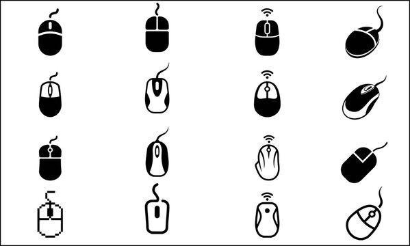 Computer mouse vector icon set, wireless mouse, gaming mouse, USB optical mouse line art and silhouette icons