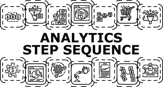 Analytics step sequence banner infographic. Modeling report, stages tracking, optimization insight icon vector illustration