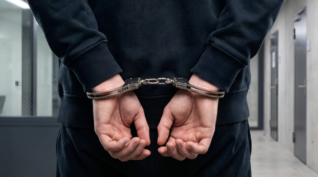 Close-up rear view of suspect hands cuffed behind back in steel handcuffs at police station corridor