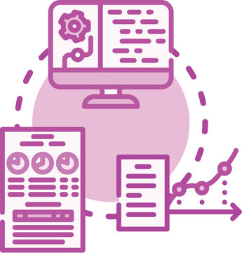 Analytical reporting documents display diverse charts, graphs, and textual information, illustrating data review processes and the generation of business insights