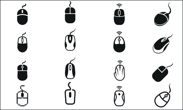 Computer mouse vector icon set, wireless mouse, gaming mouse, USB optical mouse line art and silhouette icons