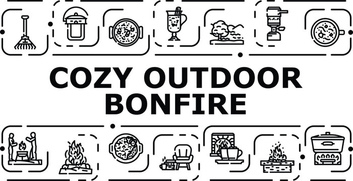 Cozy outdoor bonfire banner infographic. Embers rustic, sparks gathering, night autumn icon vector illustration