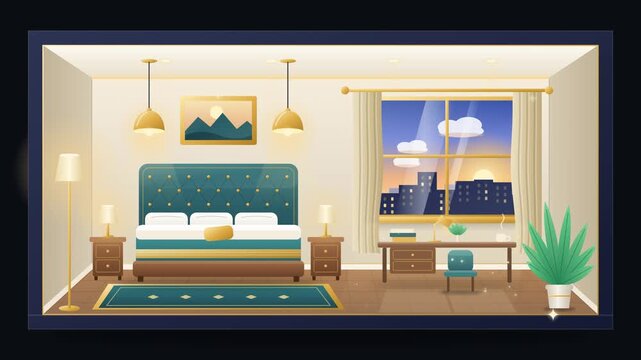 Cozy Modern Bedroom Interior Design Illustration featuring a Comfortable Bed and City Skyline View through the Window at Sunset