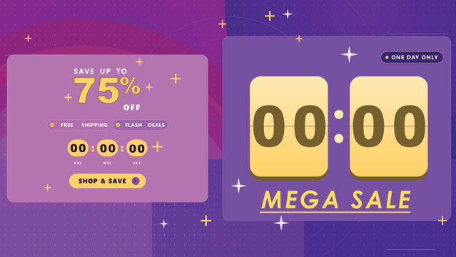Mega Sale Promo Web Banner Set, Flash Sale Countdown Timer Vector Template, Purple Discount Advertising Interface