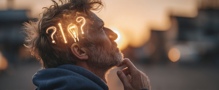 Pensive man with glowing bulb and question mark symbols