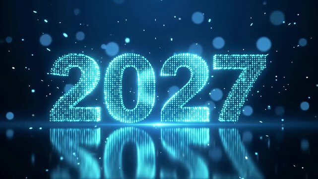 2027 digital number glowing particle in dark space, 3d render motion graphic background
