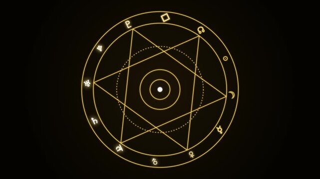 Golden glowing pentagram symbols with astrological signs on dark