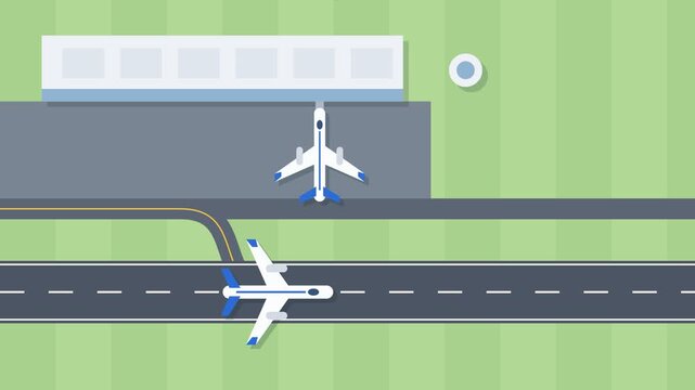 Top view animation of a jet plane taxiing and taking off.