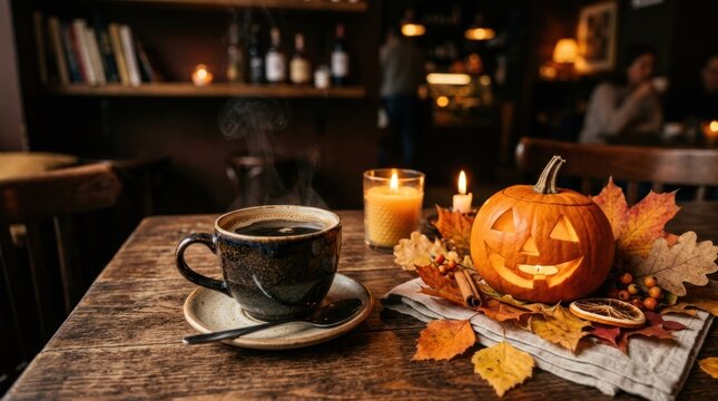 Steaming coffee mug and jack-o-lantern on rustic cafe table.