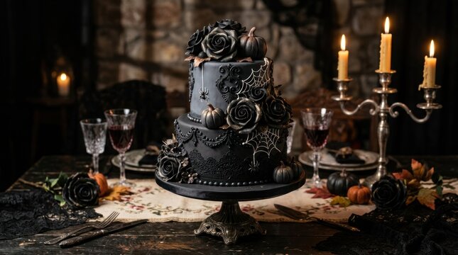 Elegant black tiered wedding cake with dark roses and candles.