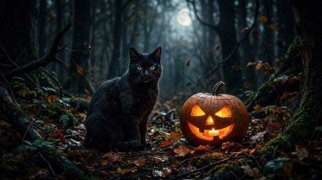 Black cat sitting by glowing pumpkin in forest.