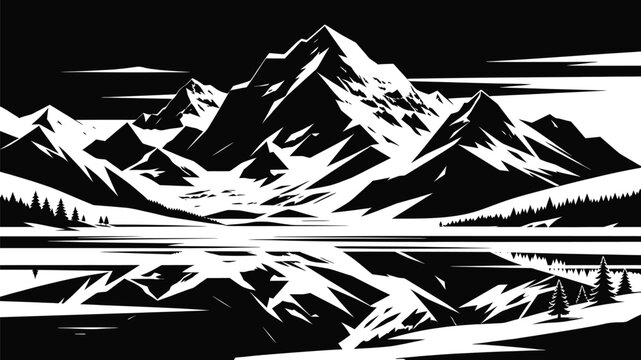 Dramatic mountain range reflection in still water black and white