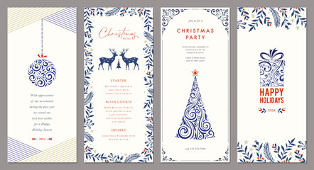 Christmas floral templates 4x9. Universal Winter Holiday cards with decorative Christmas Tree, reindeers, Christmas ornament, gift box, ornate frames with copy space and greetings. 