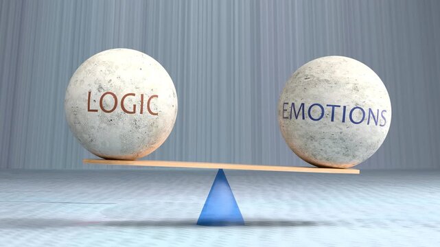 Logic and emotions balance - stones on a scale weigh logic against emotions. Reason meets feeling: logic and emotions in harmony for wise decisions and emotional intelligence.