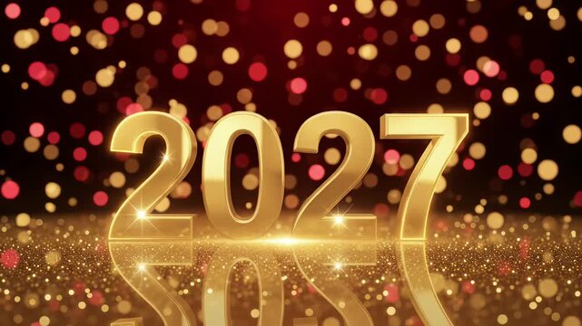 New year 2027 gold numbers animation with falling bokeh particles motion graphic background
