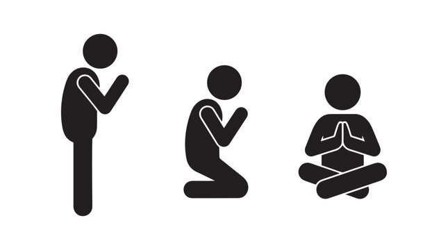 A set of black stick figure icons showing people in various poses of prayer meditation and spiritual reflection