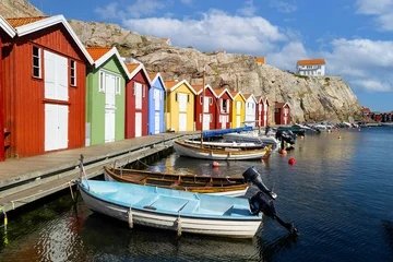 Colorful boathouse background with boats are moored on the water © stockphoto-graf
