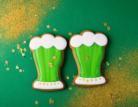 Saint patrick day concept. Top view of cookie in shape of green beer glasses on green background with golden and green glitters 
