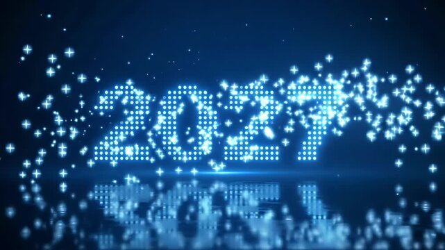 New year 2027 blue digital particle led matrix animation with glowing dot background loop
