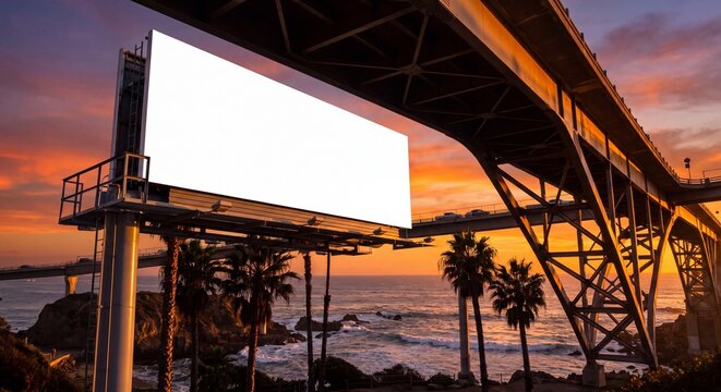 Outdoor advertising billboard mockup under coastal bridge overpass at scenic sunset with ocean view and blank copy space