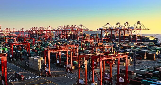 Massive container terminal at Yangshan Port in China features rows of red gantry cranes bathed in warm sunset light.